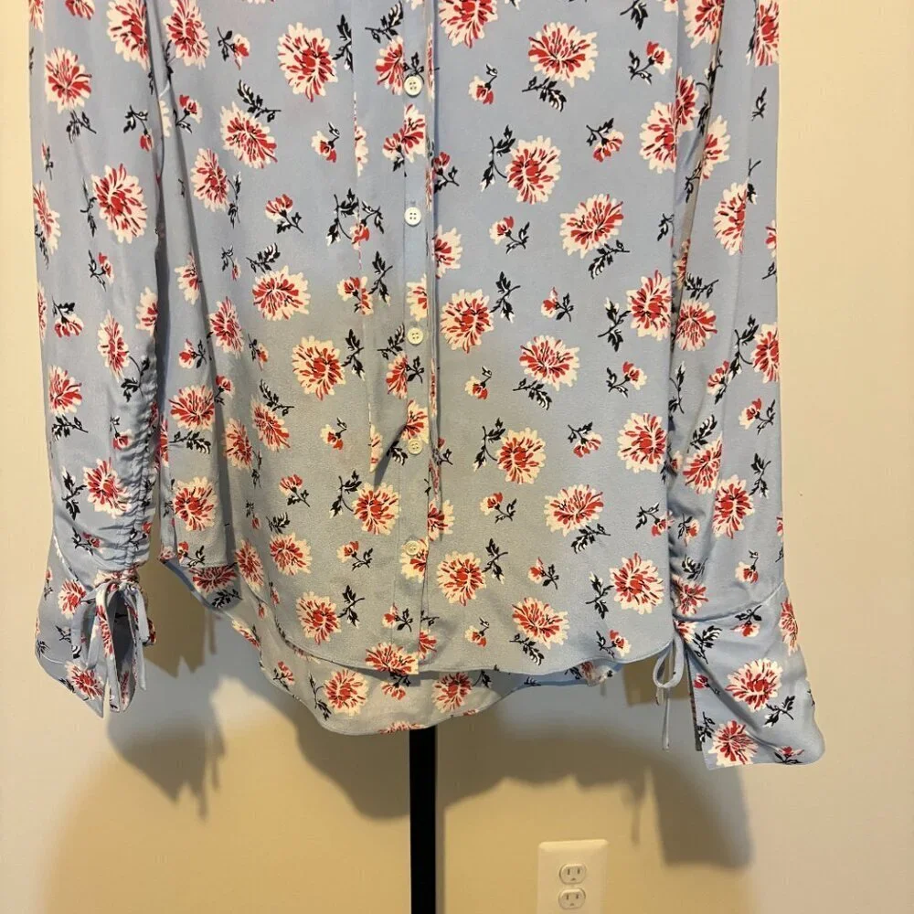 Veronica Beard Remi Silk Blue Floral Tie Neck Blouse